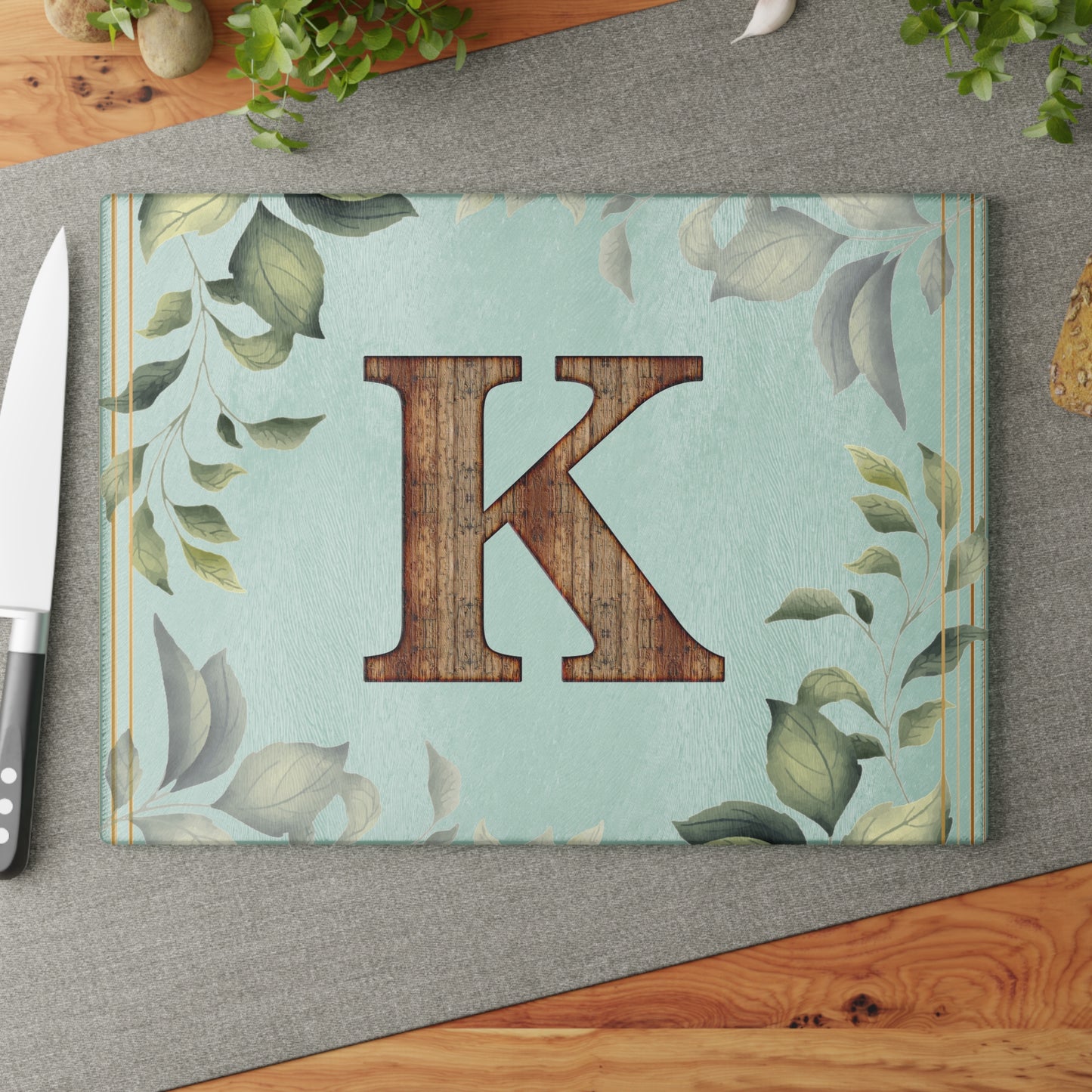 Monogram K Glass Cutting Board – Floral Leaf Kitchen Decor, Personalized Initial Serving Board