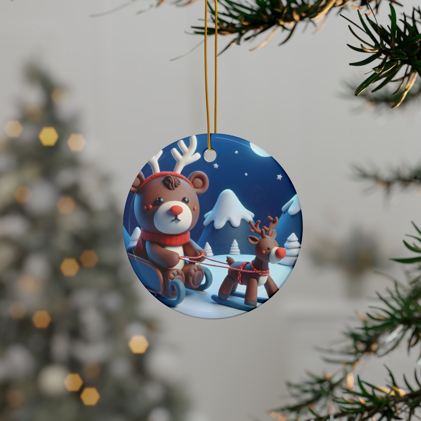 Festive Ceramic Ornaments, Holiday Decor, Christmas Gifts, 2-Sided Print, Cute Bear & Reindeer Design, Tree Decorations, Winter Wonderland