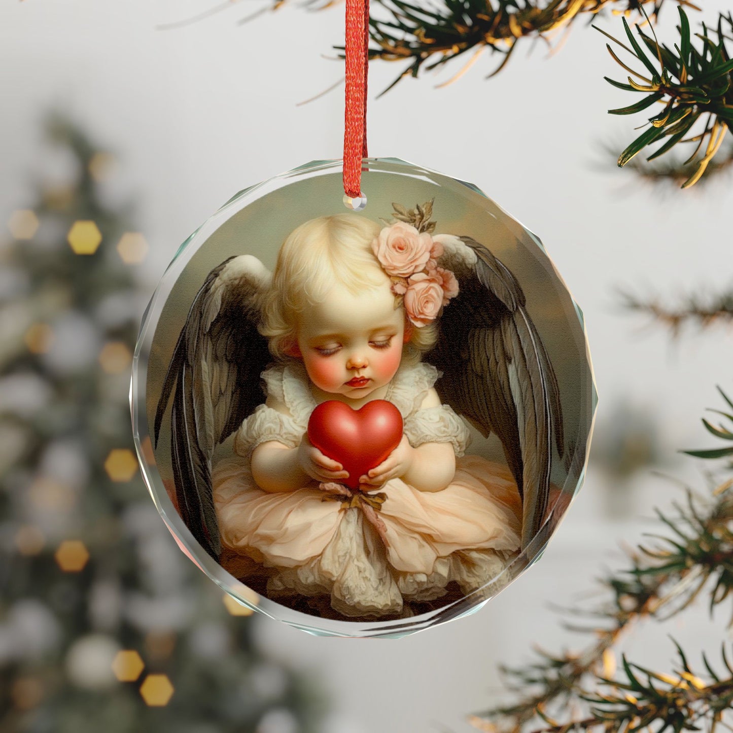 Heart-Shaped Crystal Ornament, Cherubic Decor, Valentine's Gift, Home Decoration, Christmas Tree Ornament, Romantic Keepsake