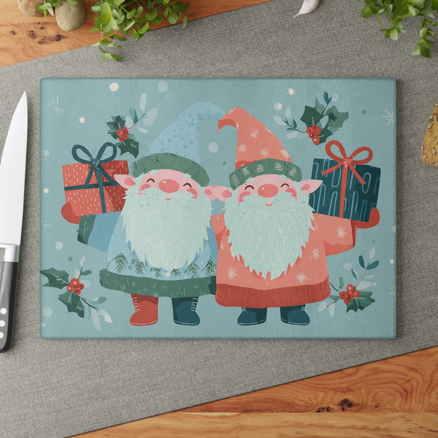 Christmas Gnome Glass Cutting Board, Holiday Kitchen Decor, Gift for Foodies, Gnome Lover Gift, Festive Kitchen Accessory