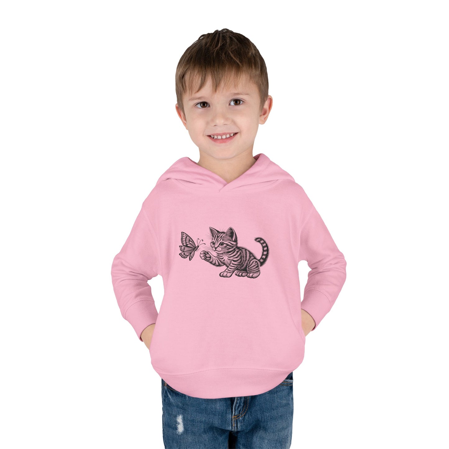 Cute Cat and Butterfly Toddler Hoodie, Toddler Pullover, Kids Fleece Hoodie, Animal Lover Gift, Playtime Pullover