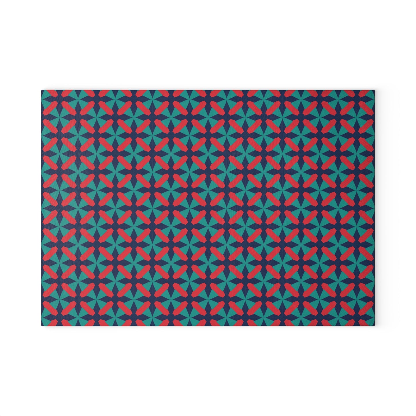 Geometric Star Tile Glass Cutting Board — Red & Teal Kitchen Decor