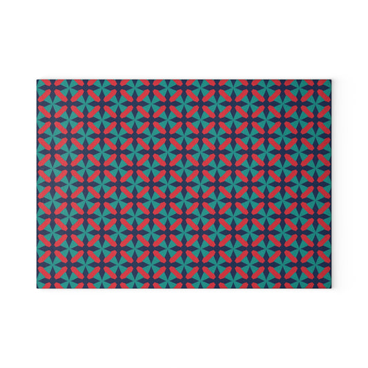 Geometric Star Tile Glass Cutting Board — Red & Teal Kitchen Decor