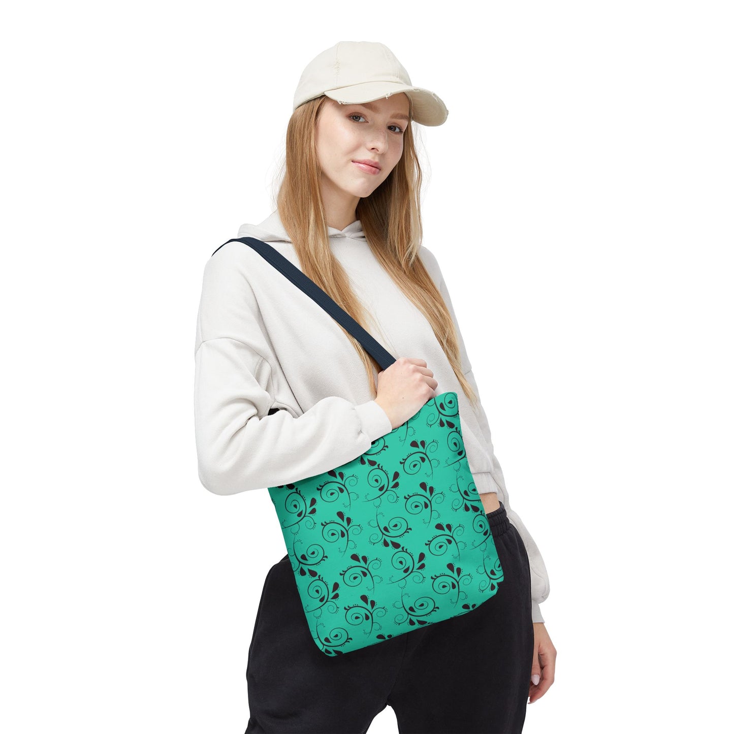 Turquoise Floral Swirl Tote Bag – All-Over Print Stylish Shopping Bag