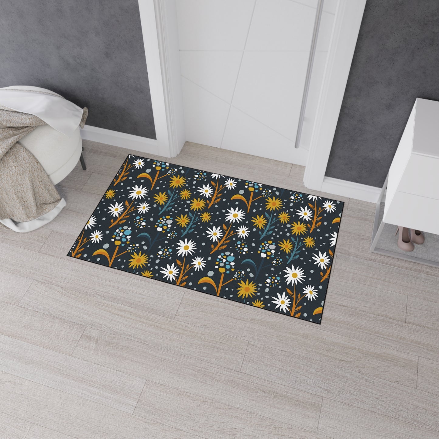 Floral Daisies Heavy Duty Floor Mat — Dark Botanical Entry Rug