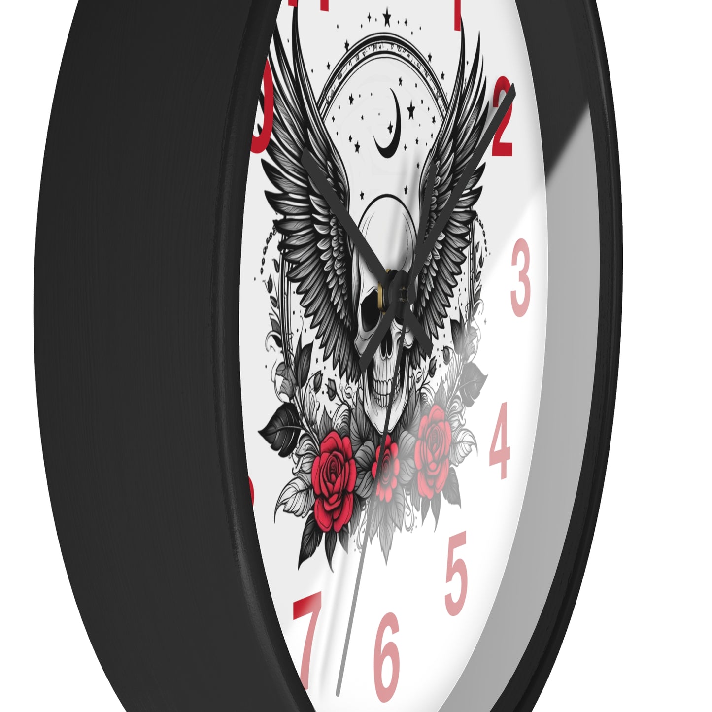 Winged Skull with Red Roses Wall Clock | Gothic Moon Skull Clock