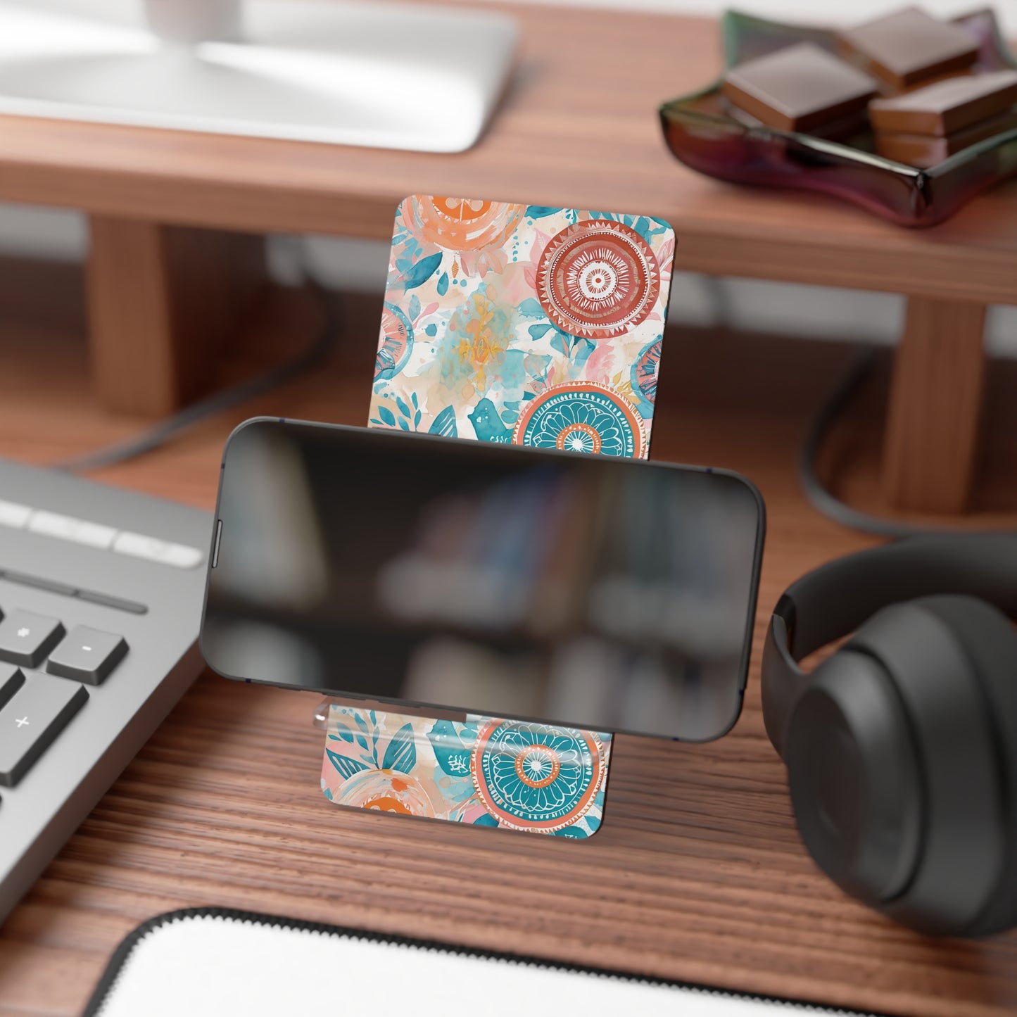 Floral Boho Phone Stand — Compact Mobile Display Stand with Teal & Coral Mandala Design
