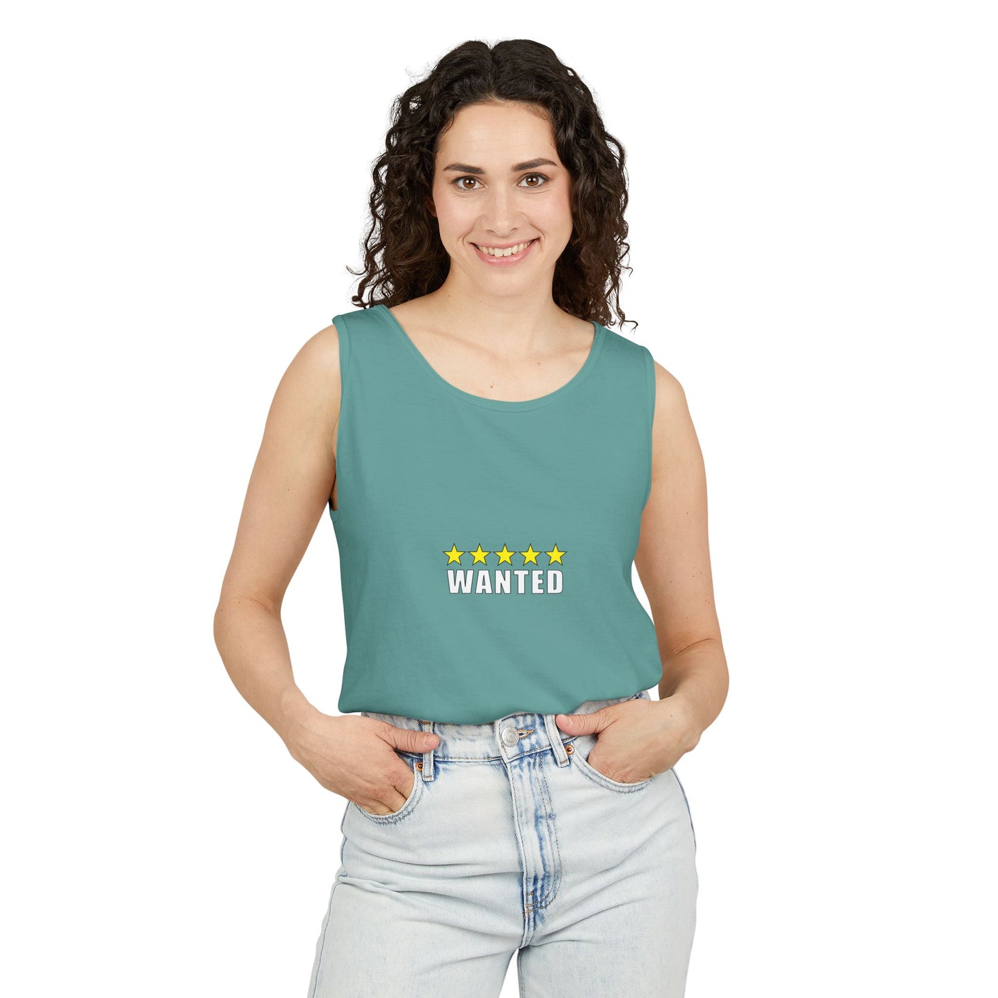5-Star "WANTED" Garment-Dyed Tank Top, Unisex Summer Shirt, Gift for Him/Her, Trendy Casual Wear, Pool Party Outfit, Unique Graphic Tee