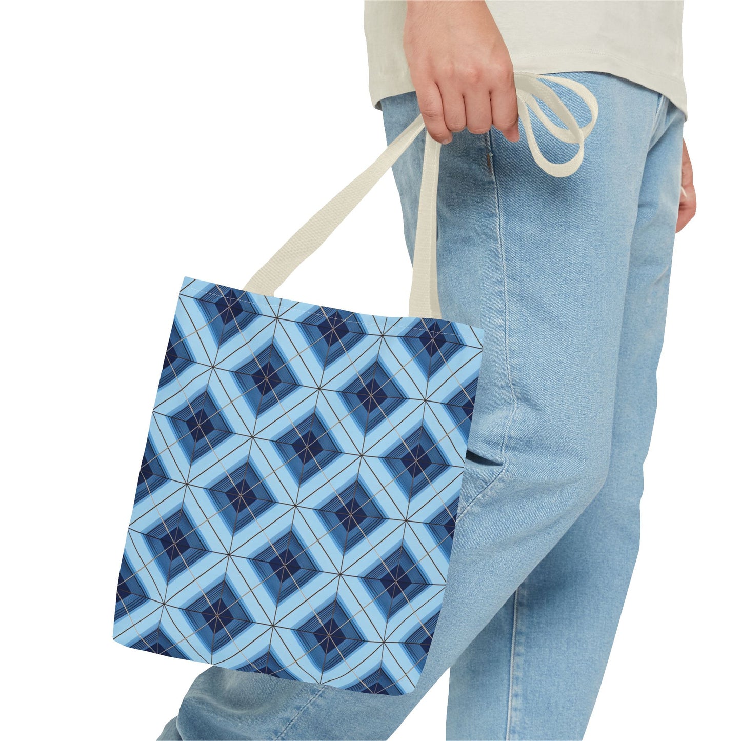 Blue Geometric Tote Bag — Repeating Diamond Pattern AOP