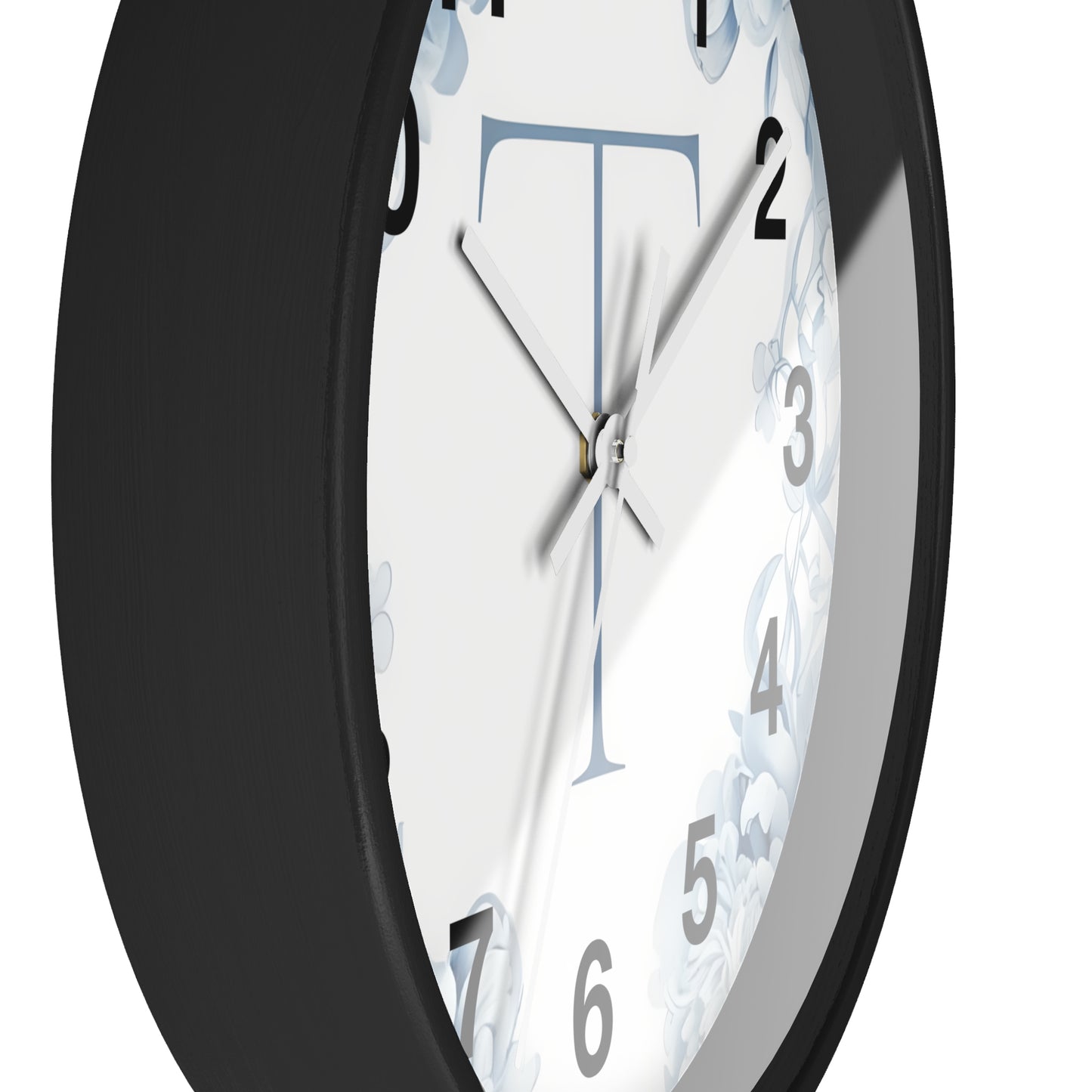 Monogram T Floral Wall Clock — Elegant Blue Initial T Home Decor