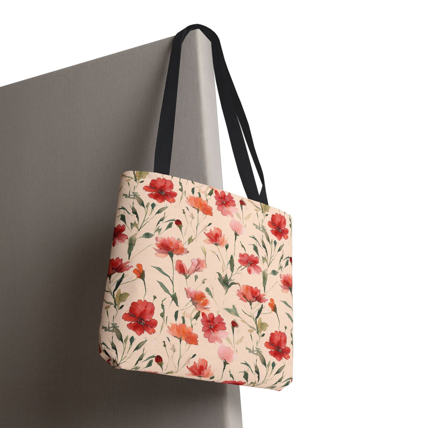 Floral Watercolor Tote Bag — Pink Red Poppy Pattern All-Over Print