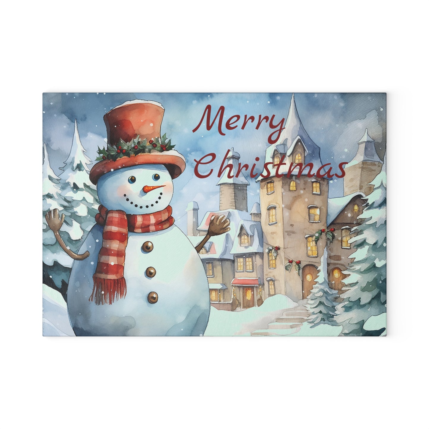 Merry Christmas Snowman Glass Cutting Board – Festive Holiday Kitchen Decor