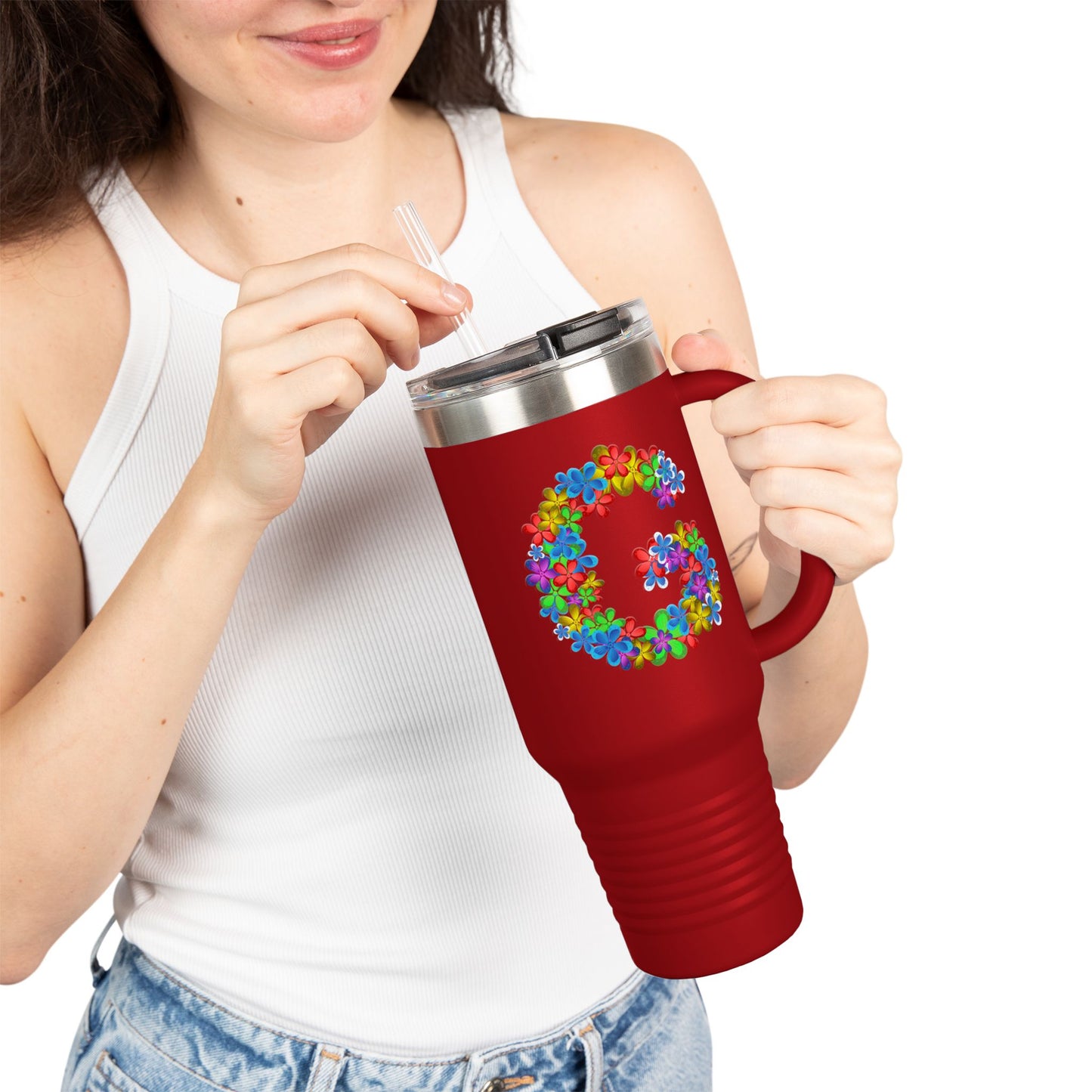 Vibrant Floral Insulated Travel Mug, Perfect for On-the-Go- Letter G
