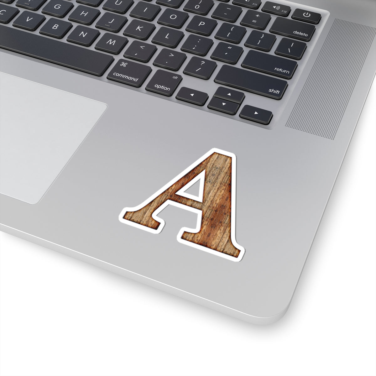 Woodgrain Letter A Kiss-Cut Sticker — Rustic Monogram Laptop Decal