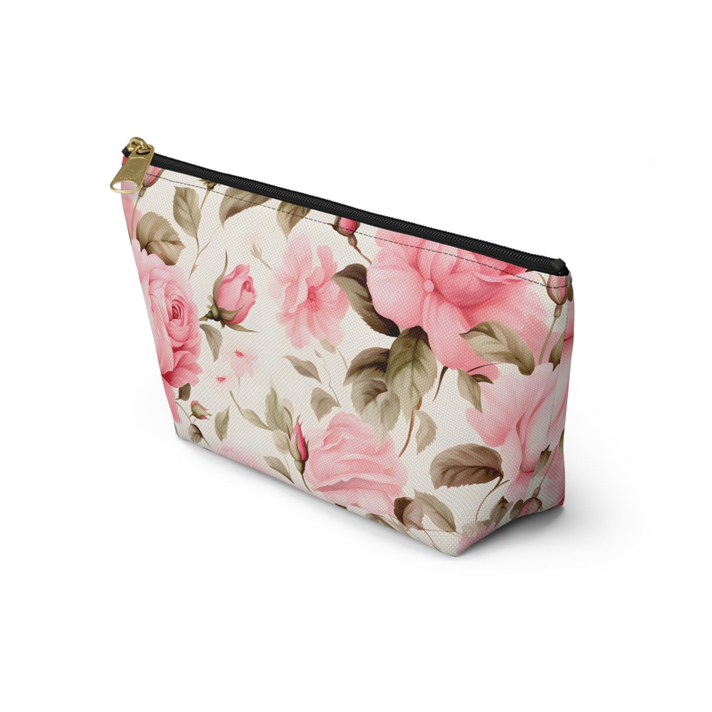 Floral Rose Accessory Pouch - Pink Vintage Cosmetic Bag with T-Bottom