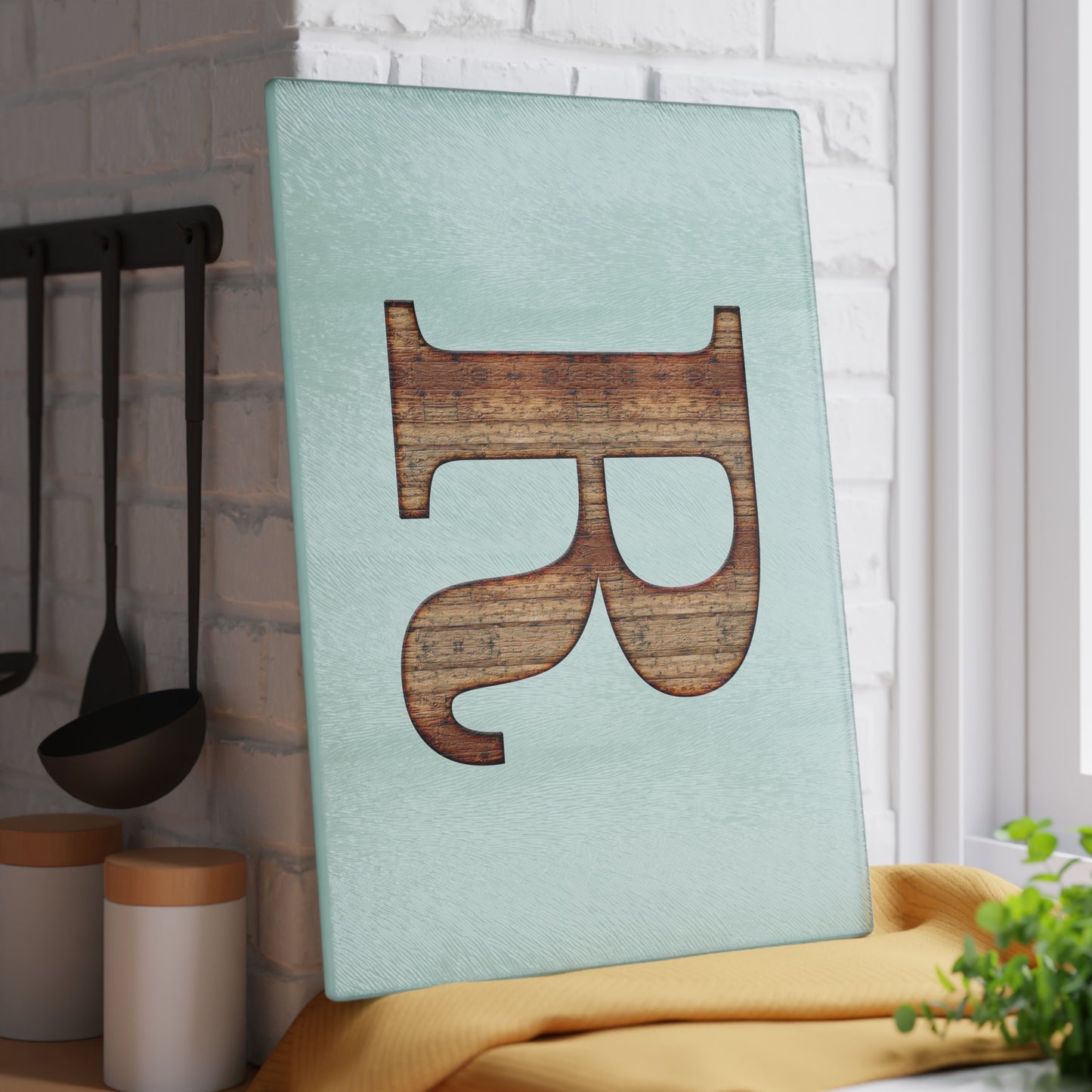 Monogram Glass Cutting Board – Rustic Wood Letter R on Mint