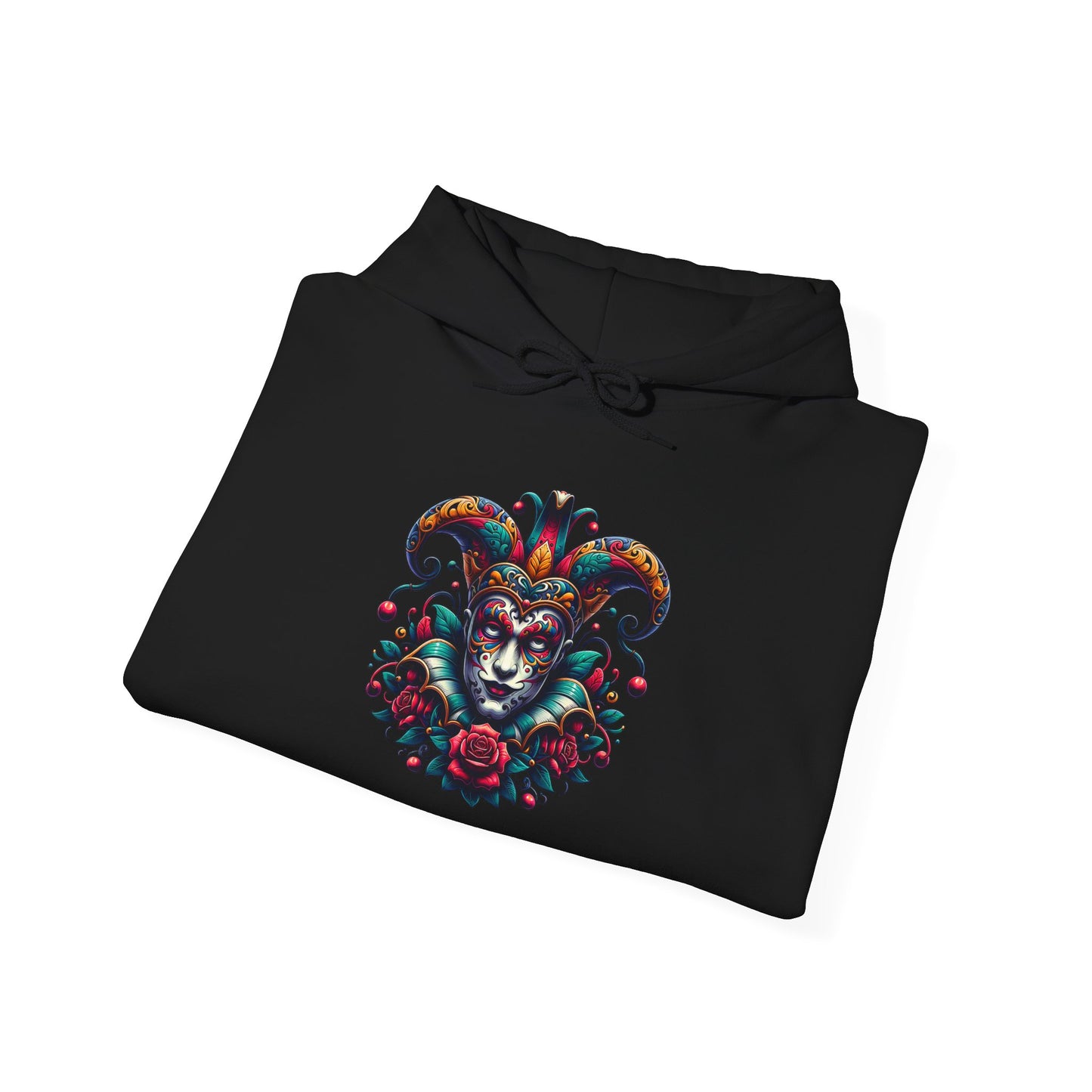 Colorful Jester Hoodie, Unique Graphic Sweatshirt, Cozy Unisex Apparel, Perfect for Festivals and Celebrations, Great Gift Idea