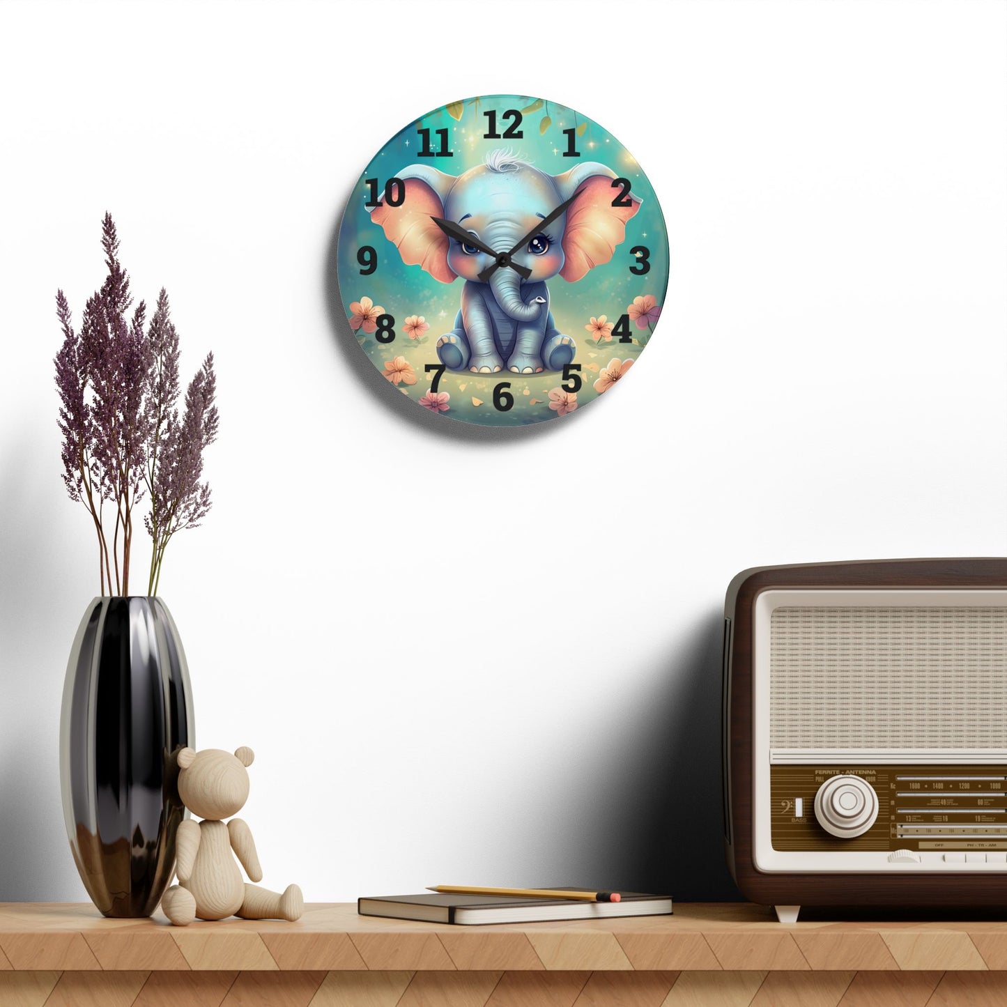 Cute Elephant Acrylic Wall Clock, Colorful Nursery Decor, Kids Room