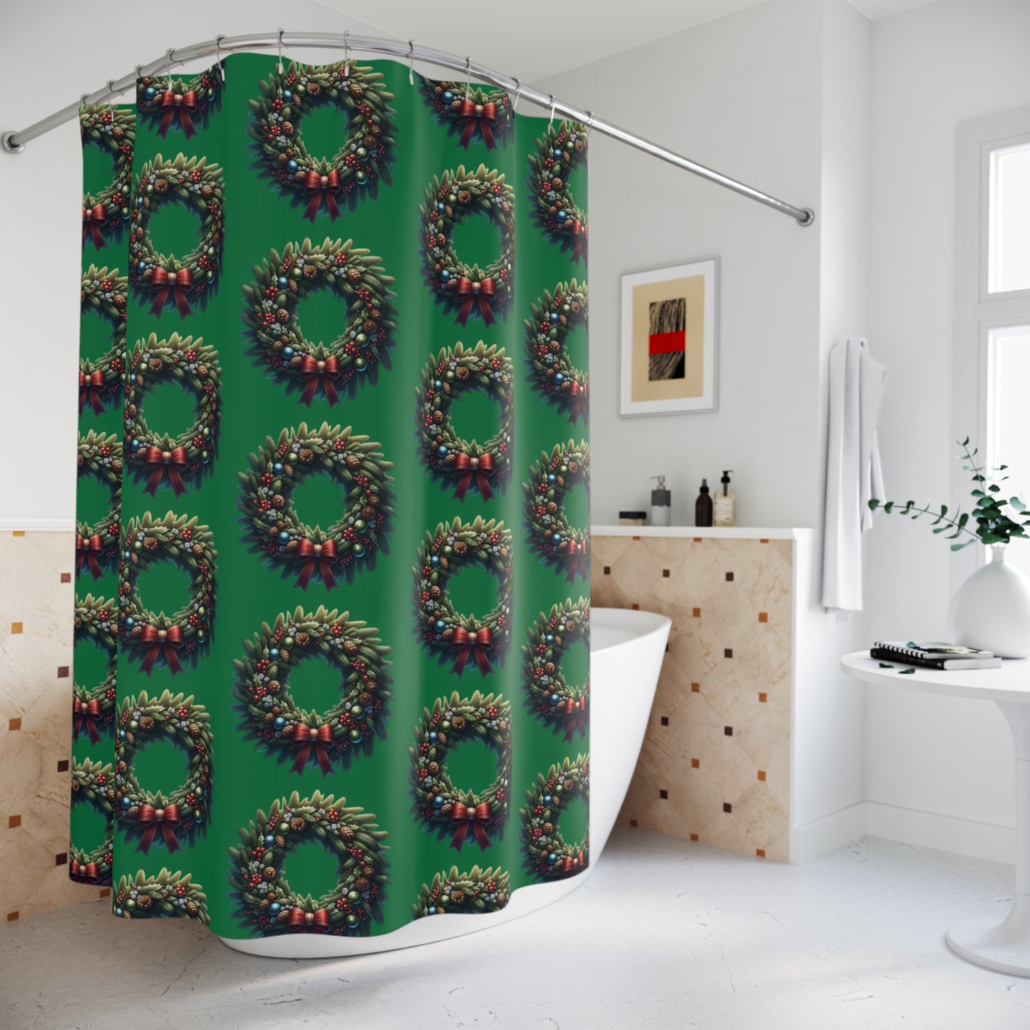 Festive Wreath Shower Curtain | Holiday Bathroom Decor, Christmas Gift, Party Decoration, Seasonal Home Accent, Winter Theme