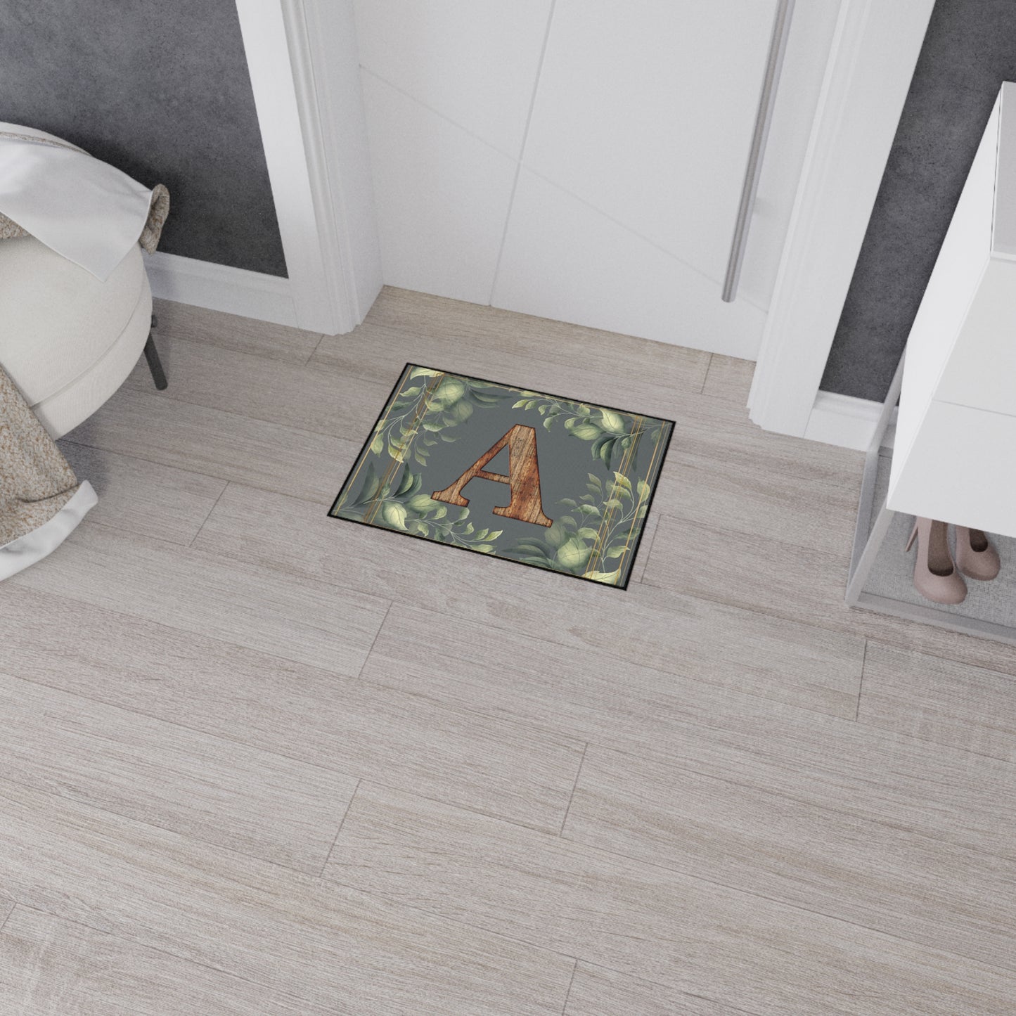 Personalized Monogram Floor Mat - Rustic Wood 'A' with Greenery Welcome Rug - Letter A