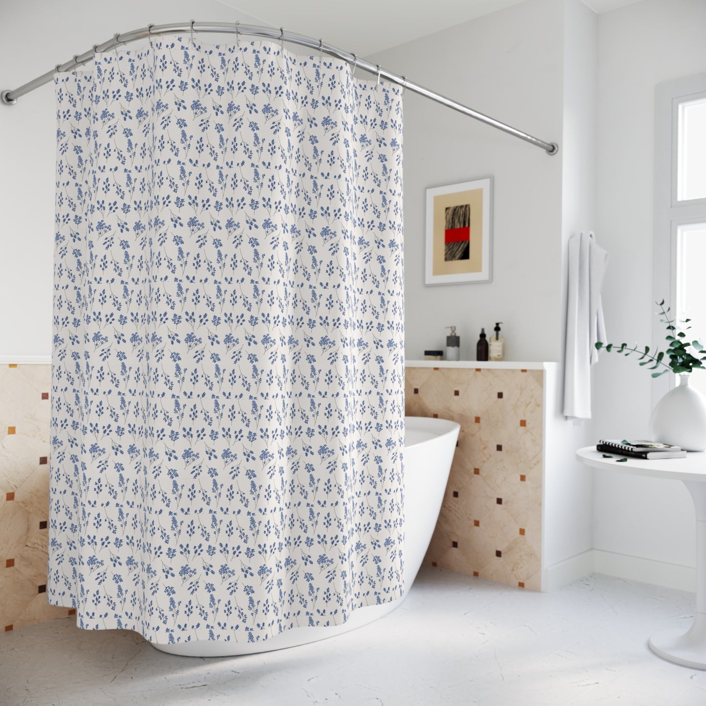 Blue Floral Shower Curtain – Vintage Ditsy Pattern for Cottage, Coastal & Farmhouse Bathrooms