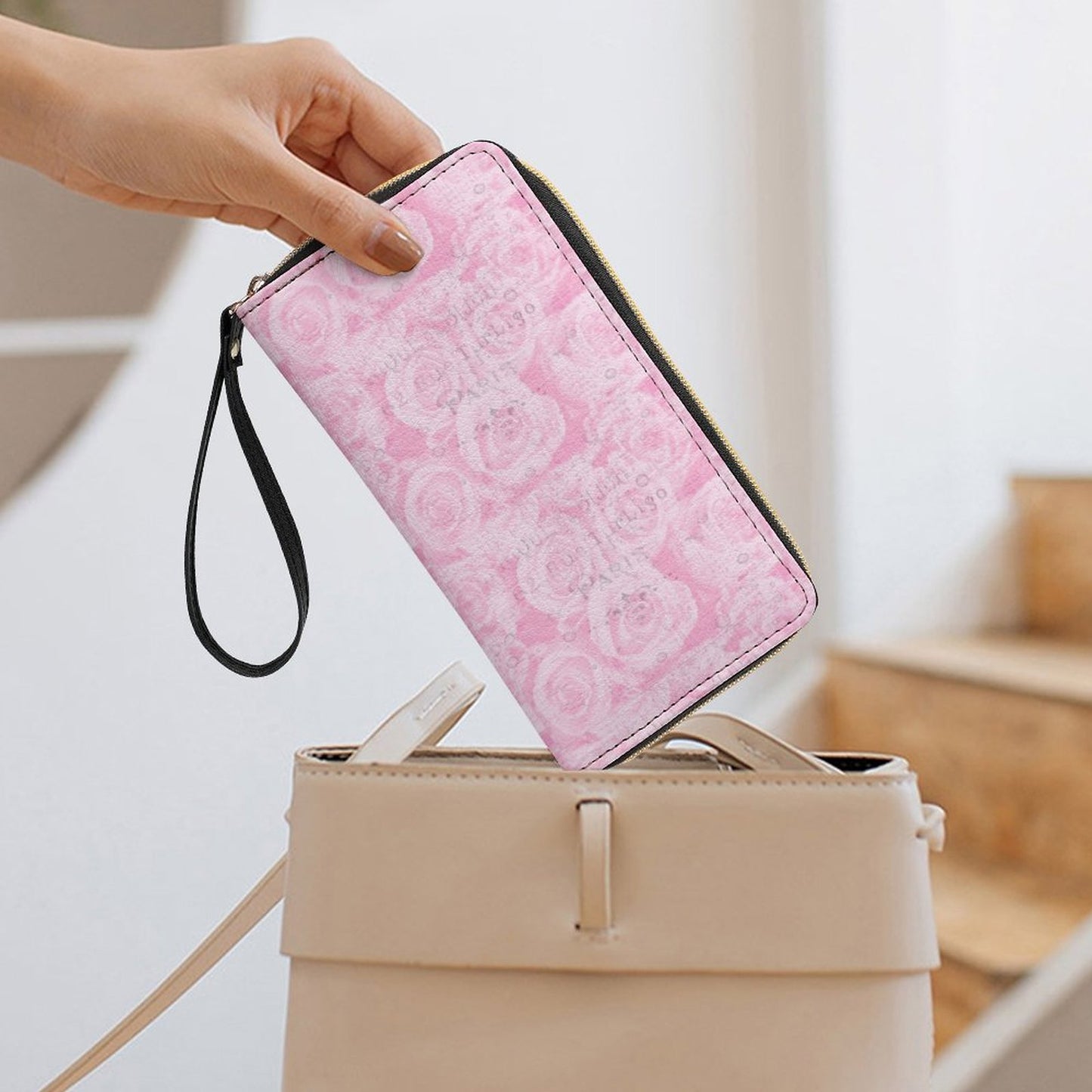 Leather Wallet with Wristlet Strap (2 Pictures on 2 Sides)