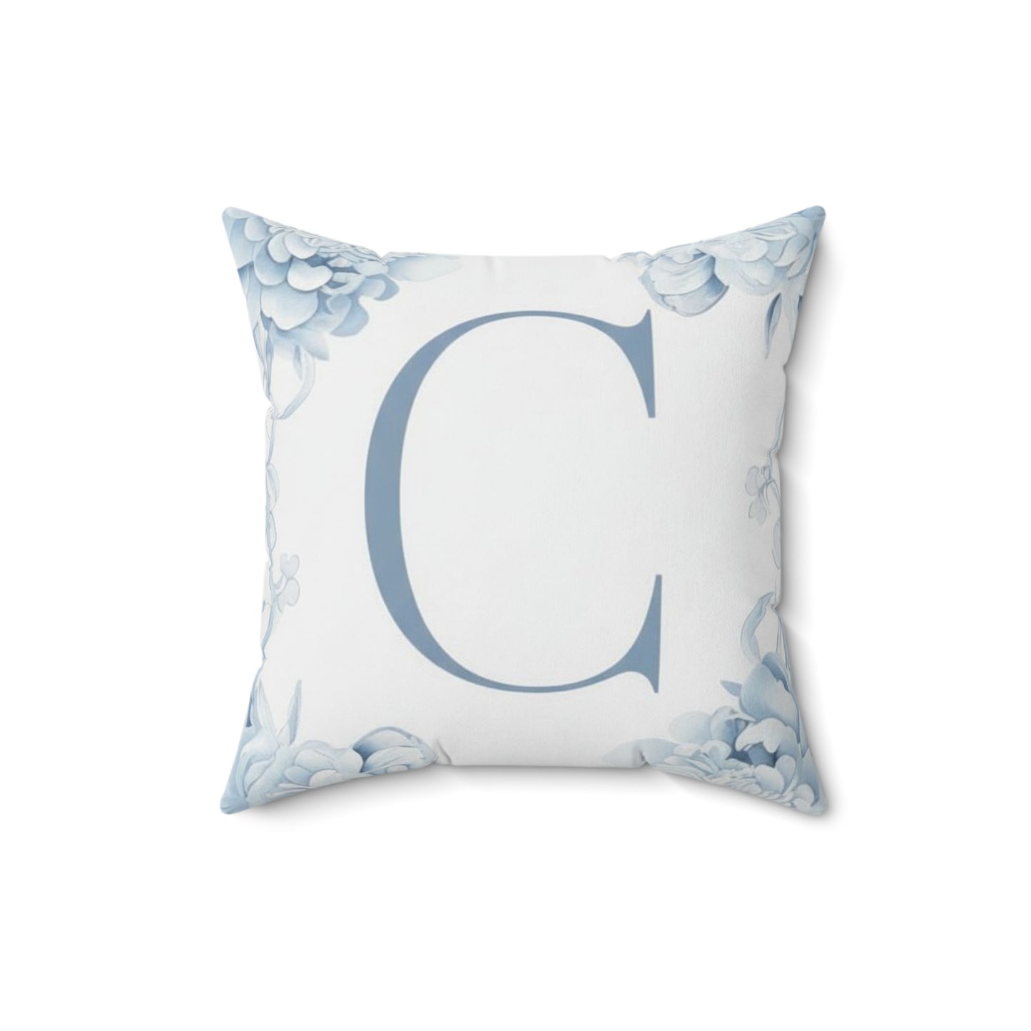 Monogram C Floral Pillow — Blue Initial Square Throw Pillow