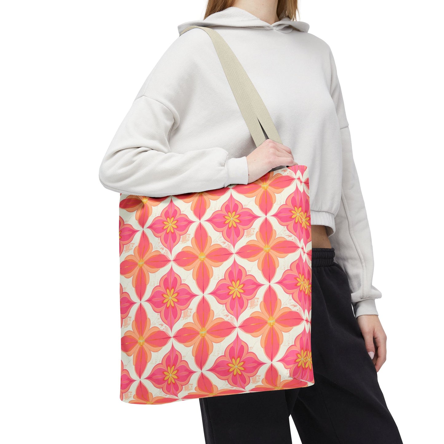 Pink Floral Geometric Tote Bag — All-Over Print Reusable Shopper