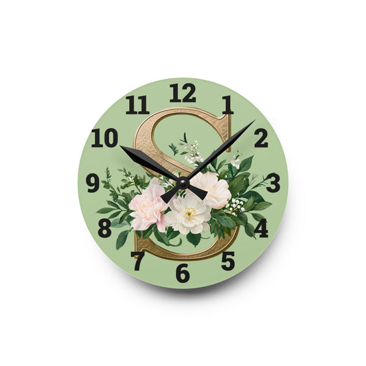 Floral Initial Acrylic Wall Clock, Elegant Home Décor