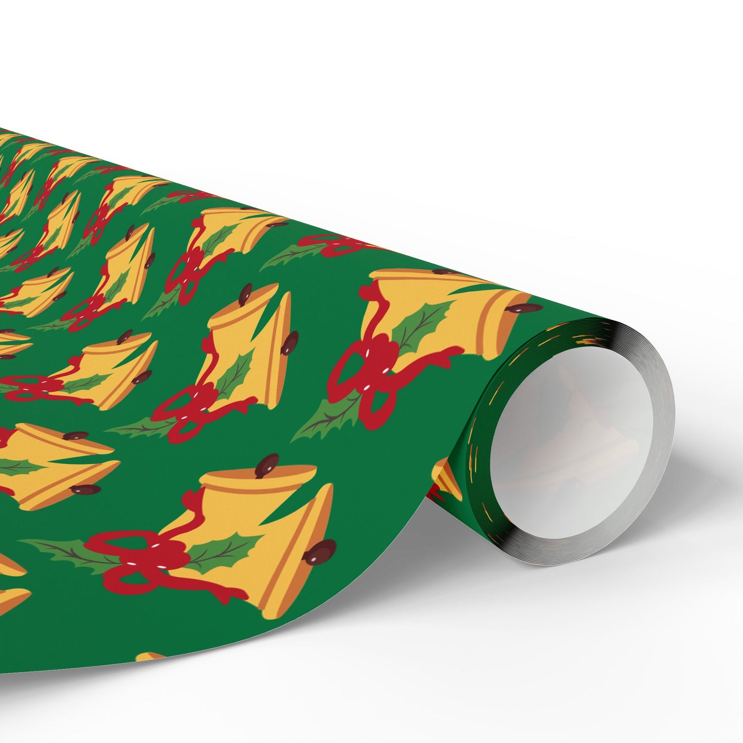 Christmas Bells Wrapping Paper Roll — Green Holly Holiday Gift Wrap