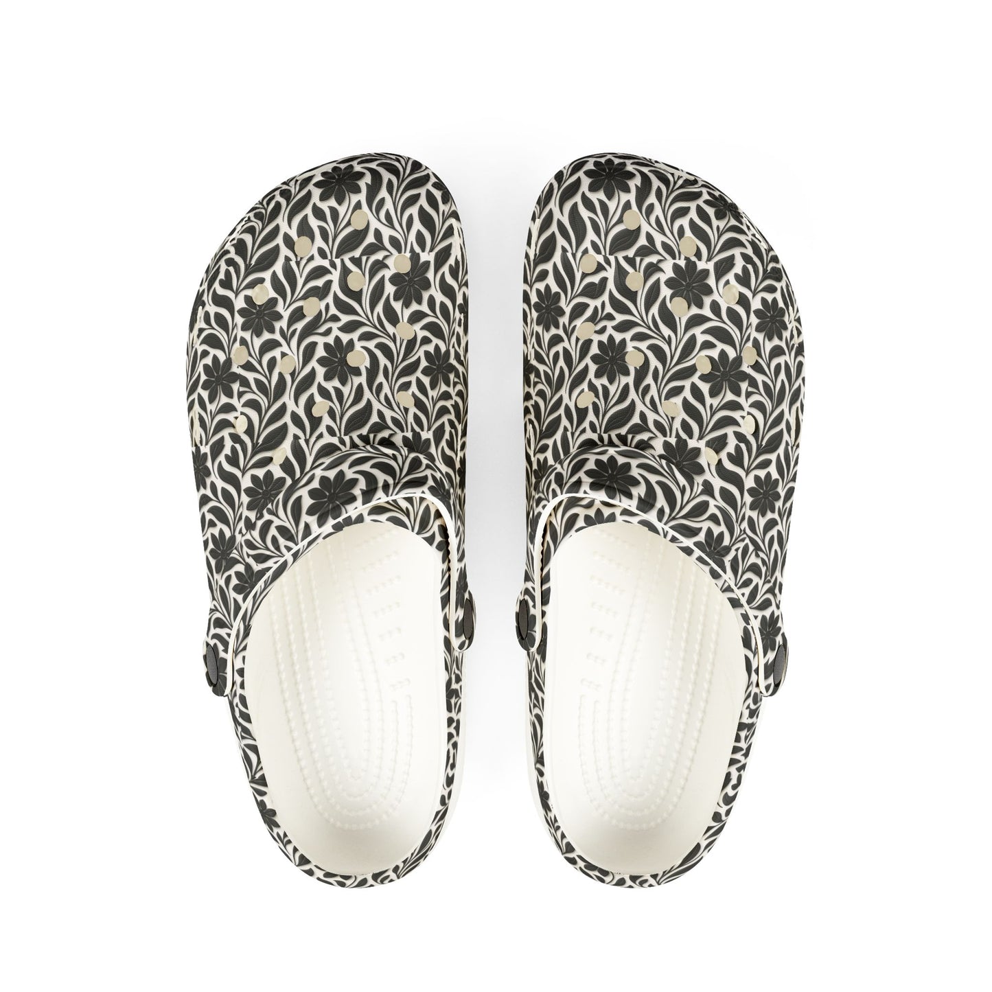 Floral EVA Foam Clogs — Lightweight Black & Cream Garden Pattern