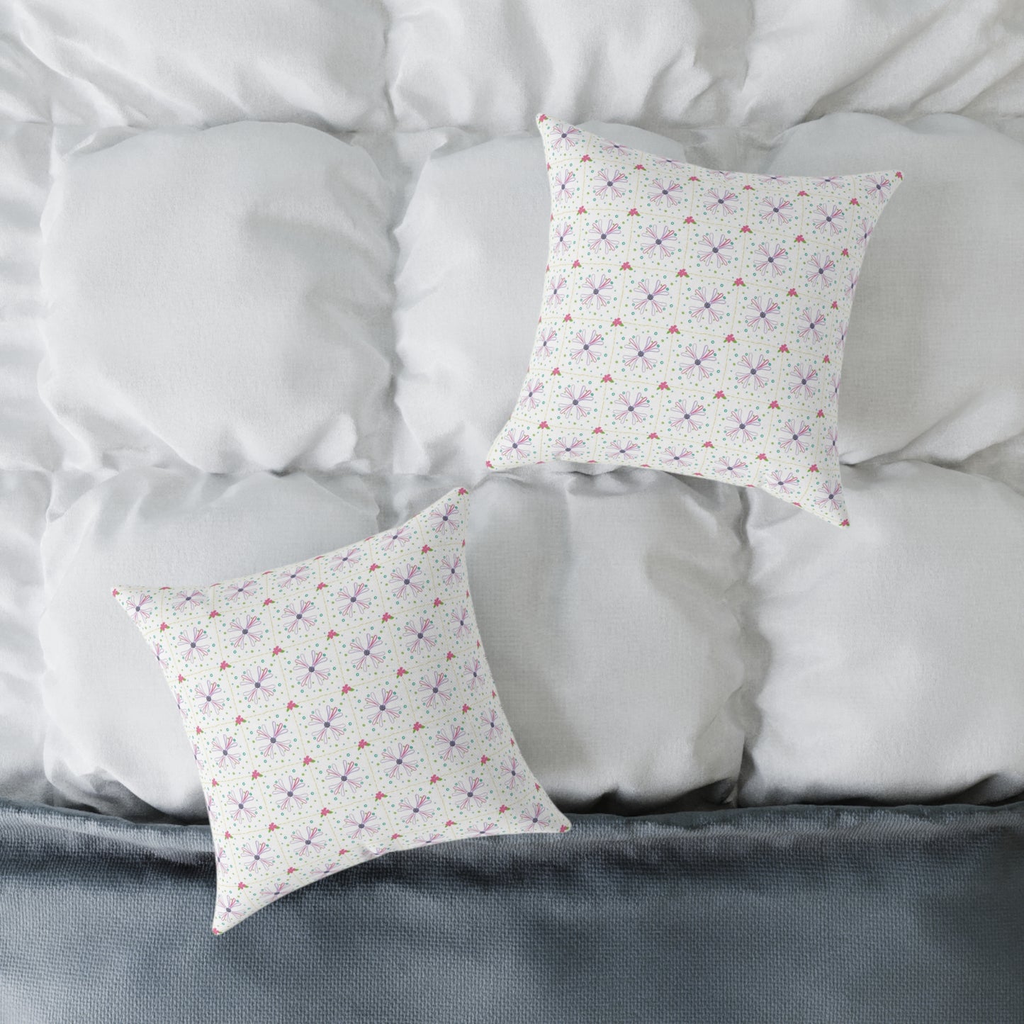 Floral Geometric Square Pillow – Pink & Lavender Patterned Throw Cushion