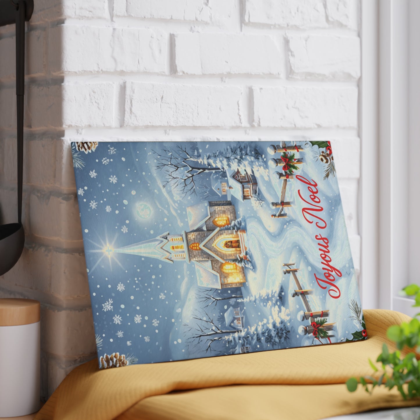 Glass Cutting Board — Joyeux Noël Winter Church Scene Holiday Kitchen Decor
