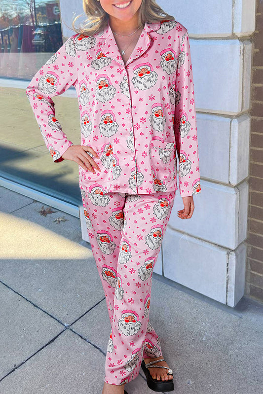 Pink Santa Claus Snowflake Long Sleeve Shirt Pajama Set
