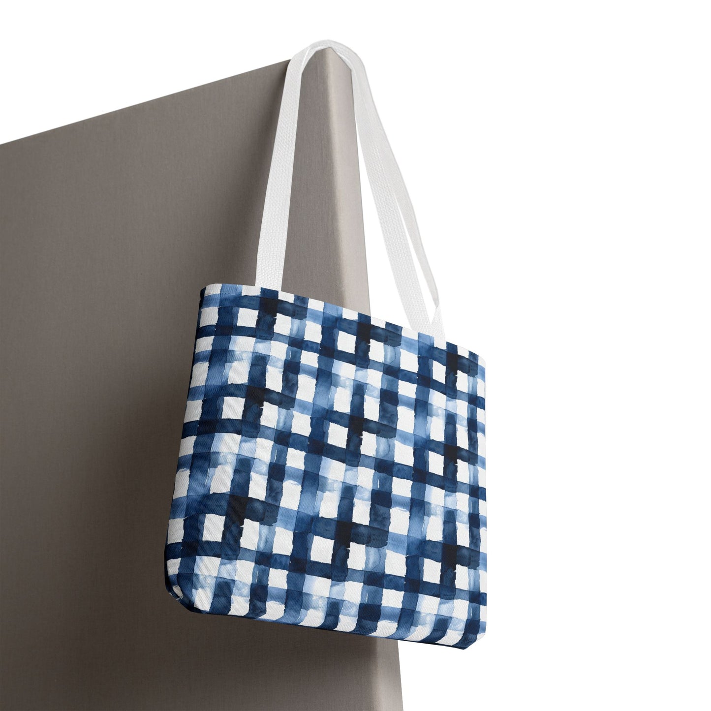 Blue Watercolor Plaid Tote Bag — Navy Check Pattern All-Over Print