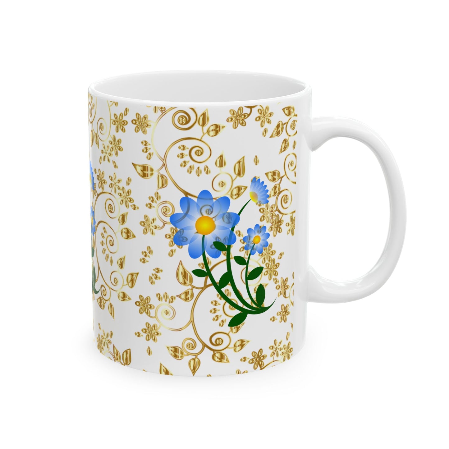 Elegant Floral Ceramic Mug Gold and blue