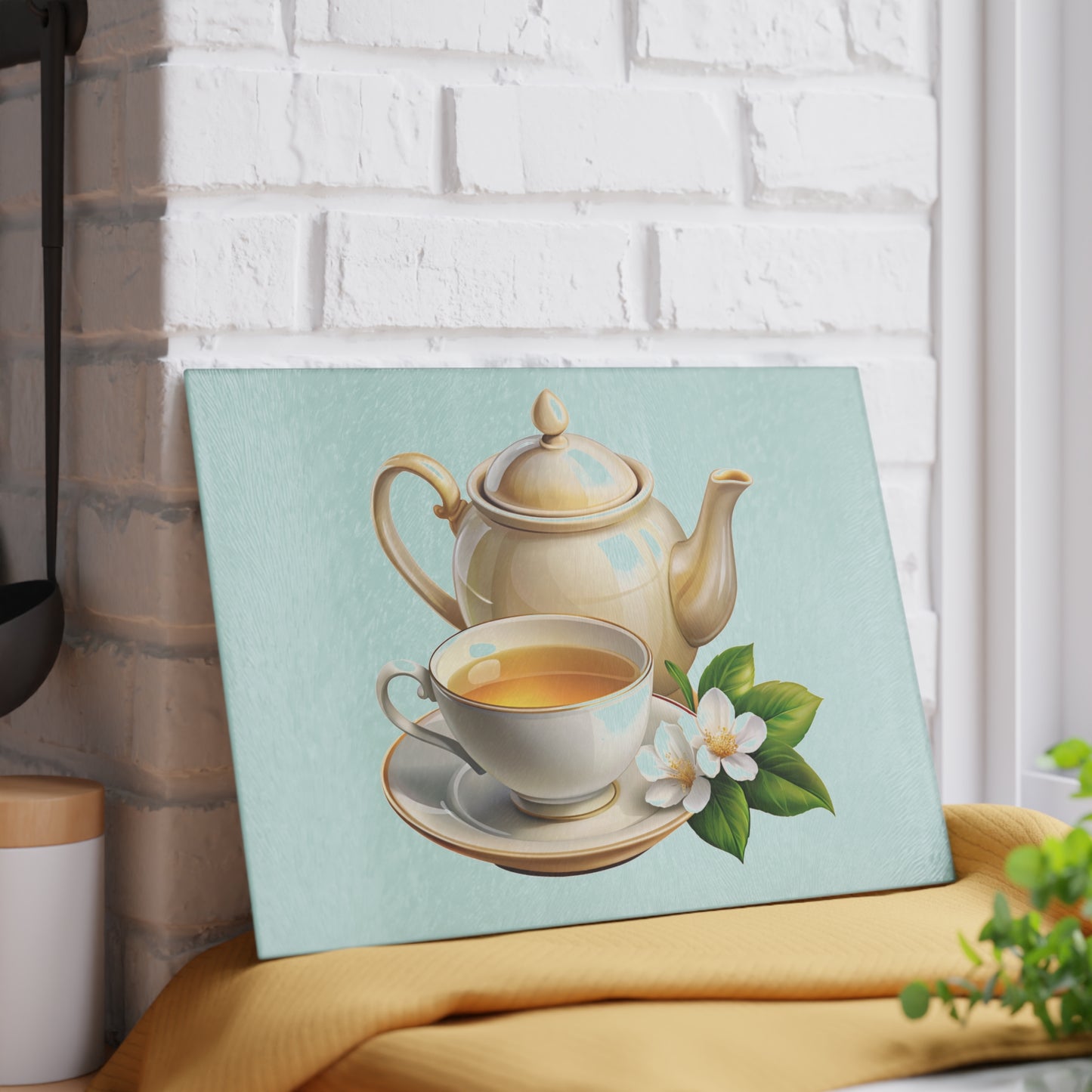 Elegant Tea Time Glass Cutting Board, Kitchen Decor, Gift for Tea Lovers, Housewarming, Birthday, Mother's Day
