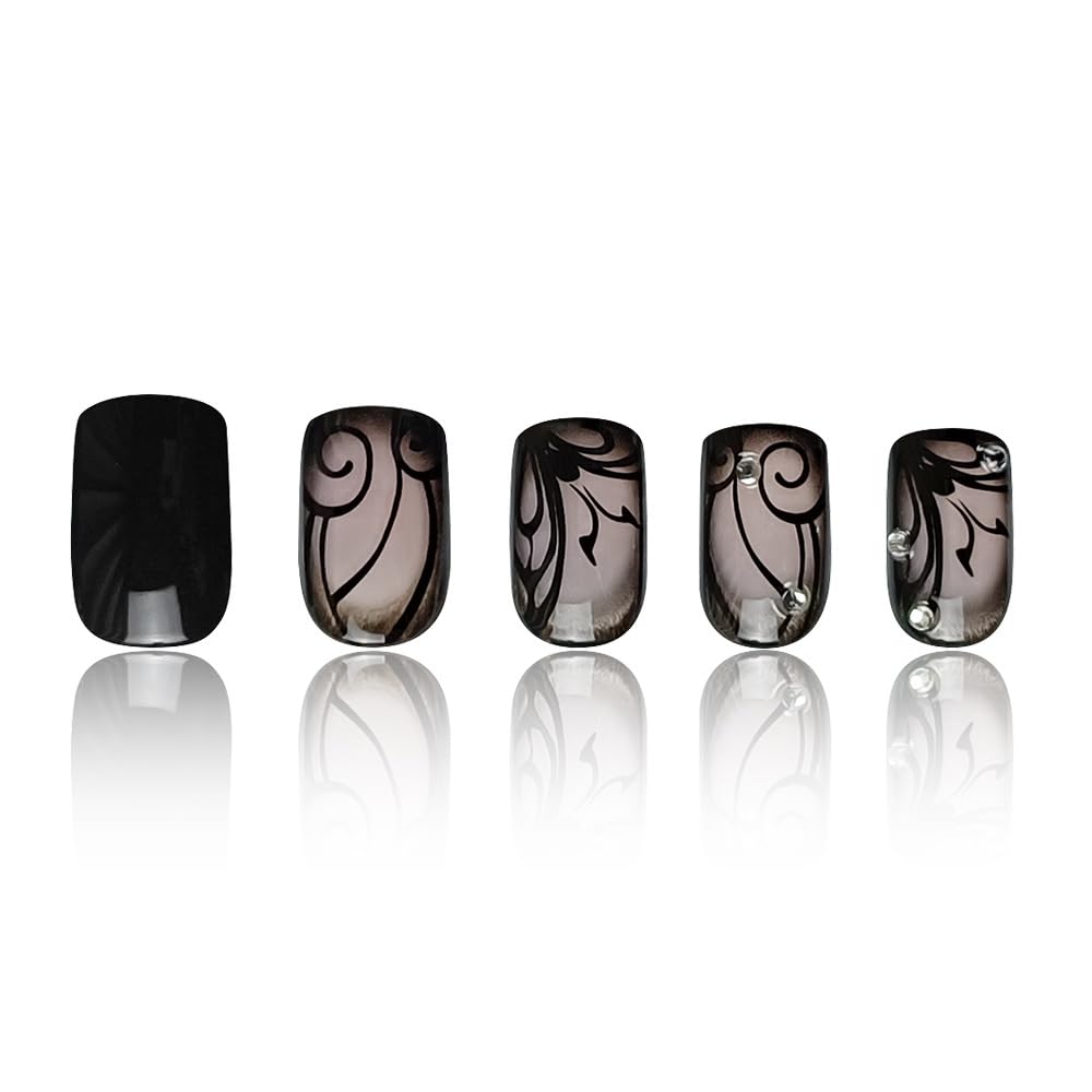 Black Press on Nails Short Square Fake Nails Black Vine Acrylic Glue on Nails Full Cover Glossy Nails Press ons Short Stick on Nails Summer Artificial Nails for Women Girls - 24Pcs