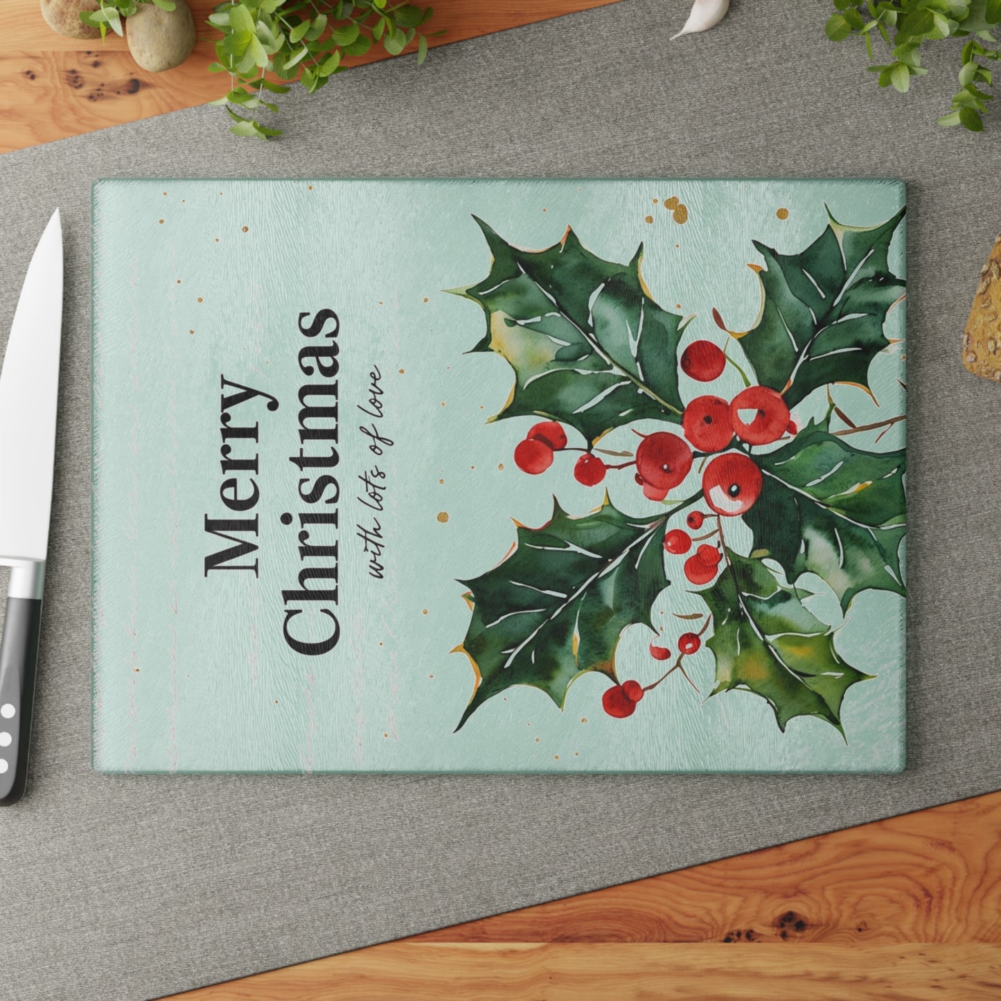 Christmas Holly Glass Cutting Board - "Merry Christmas" Holiday Kitchen Decor