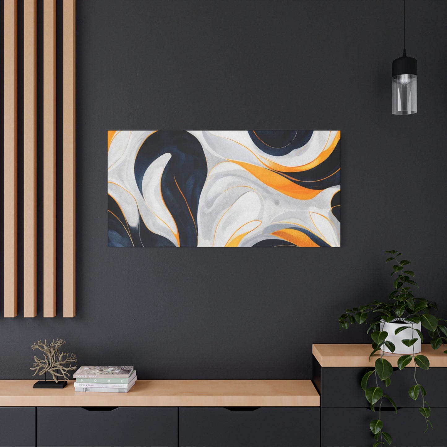 Abstract Fluid Art Matte Canvas Print — Navy, Gold & White Stretched Wall Art