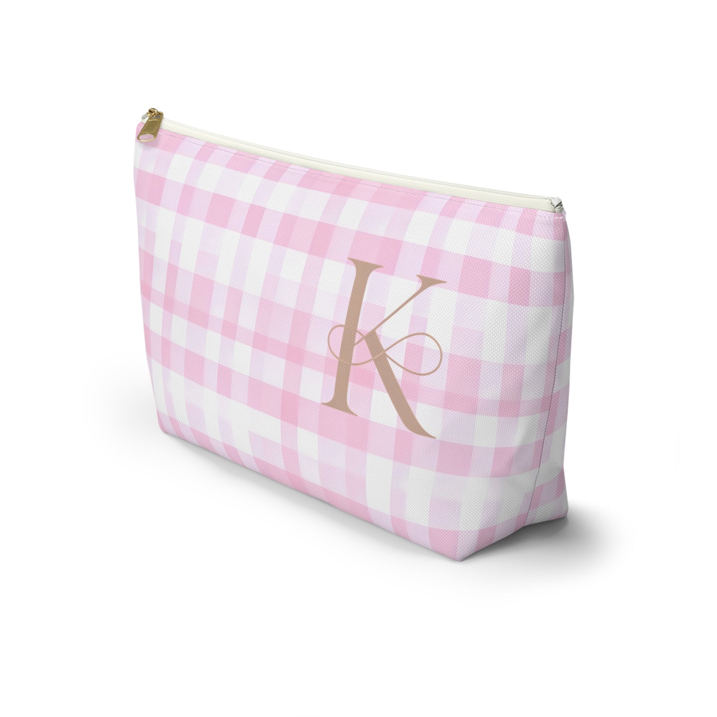 Personalized Pink Gingham Accessory Pouch, Makeup Bag - Letter K