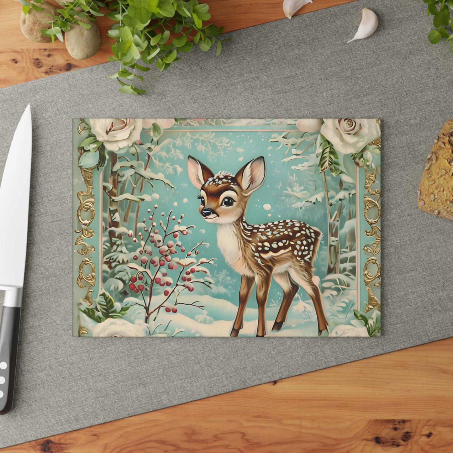 Winter Forest Deer Glass Cutting Board, Kitchen Décor, Unique Gift, Holiday Entertaining, Rustic Home Decor, Woodland Animal Design