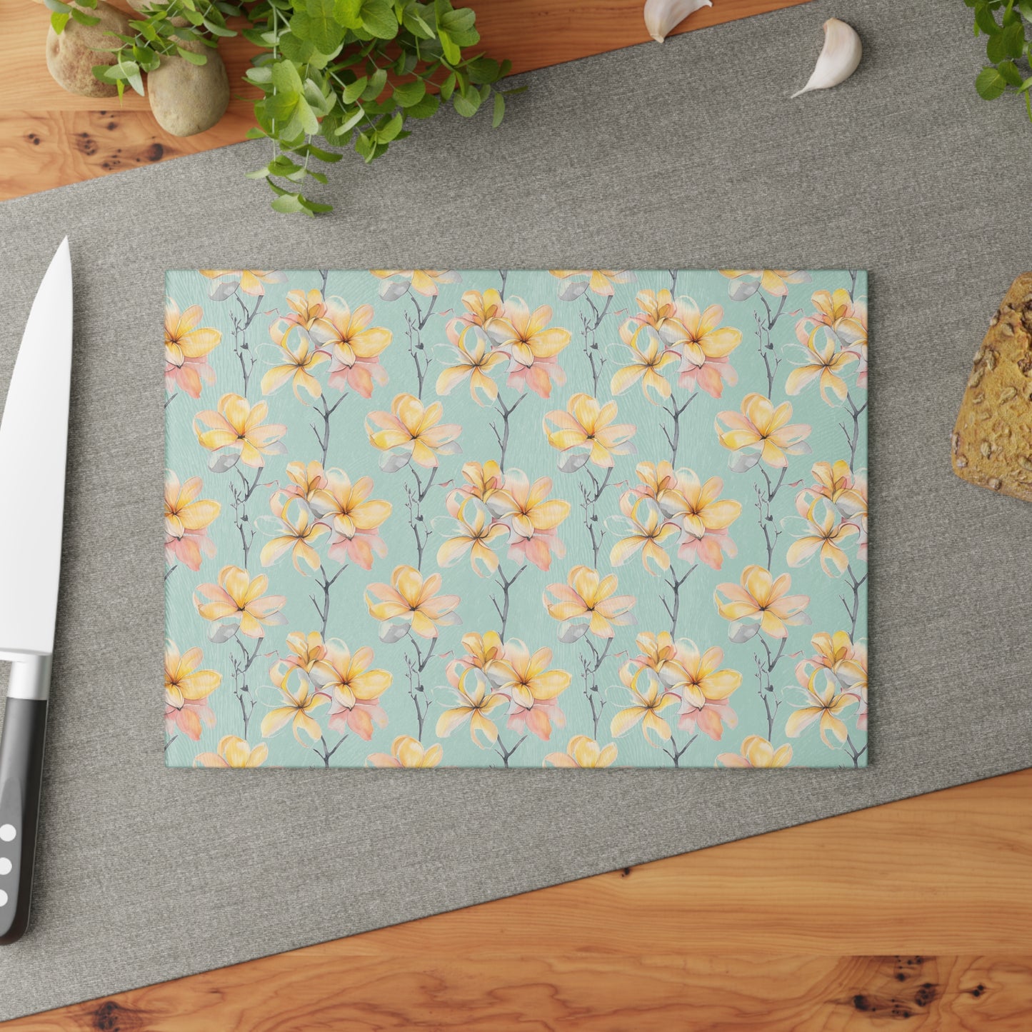 Floral Magnolia Glass Cutting Board — Pastel Yellow Blossom Kitchen Decor