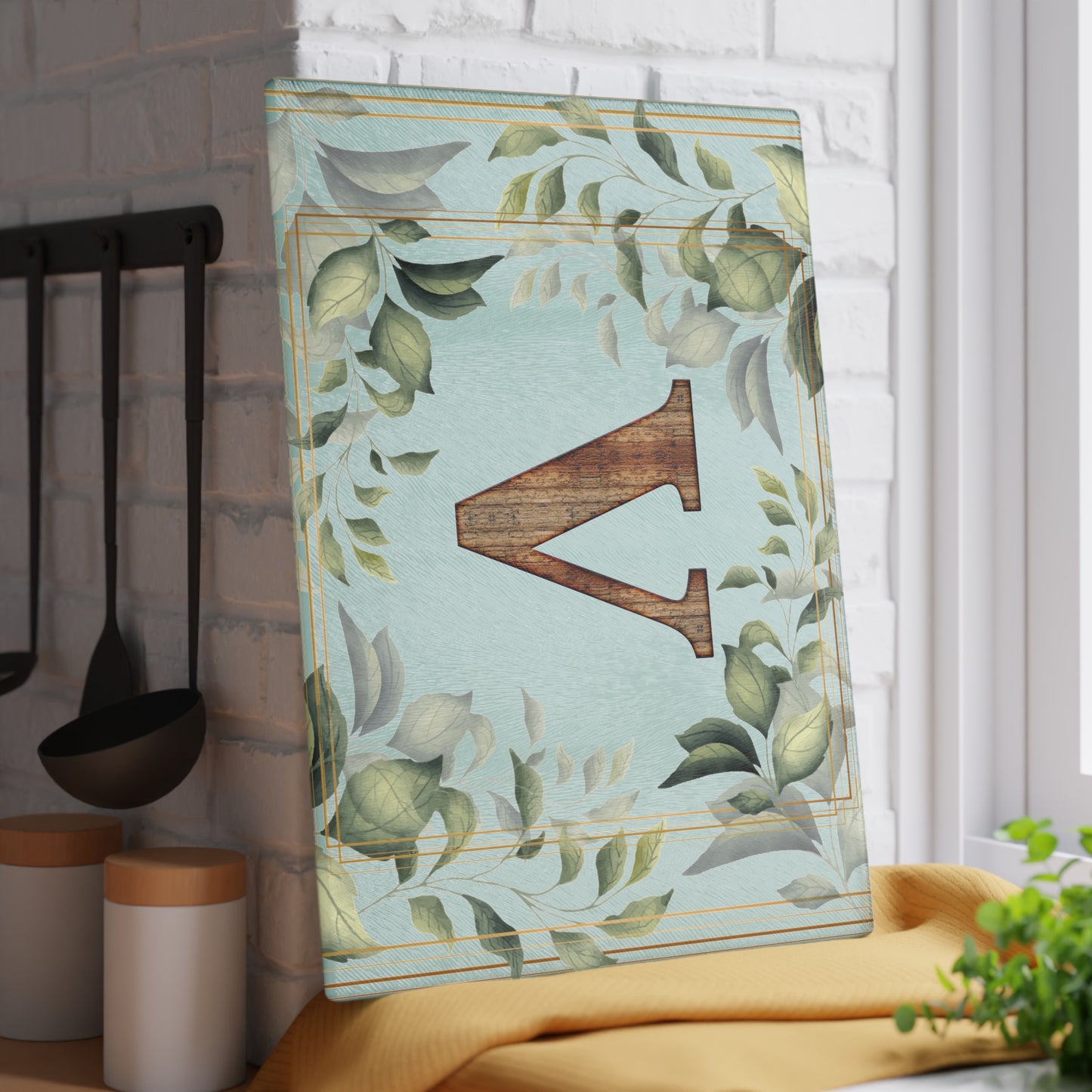 Monogram Glass Cutting Board — Rustic Wood “V” with Greenery Border