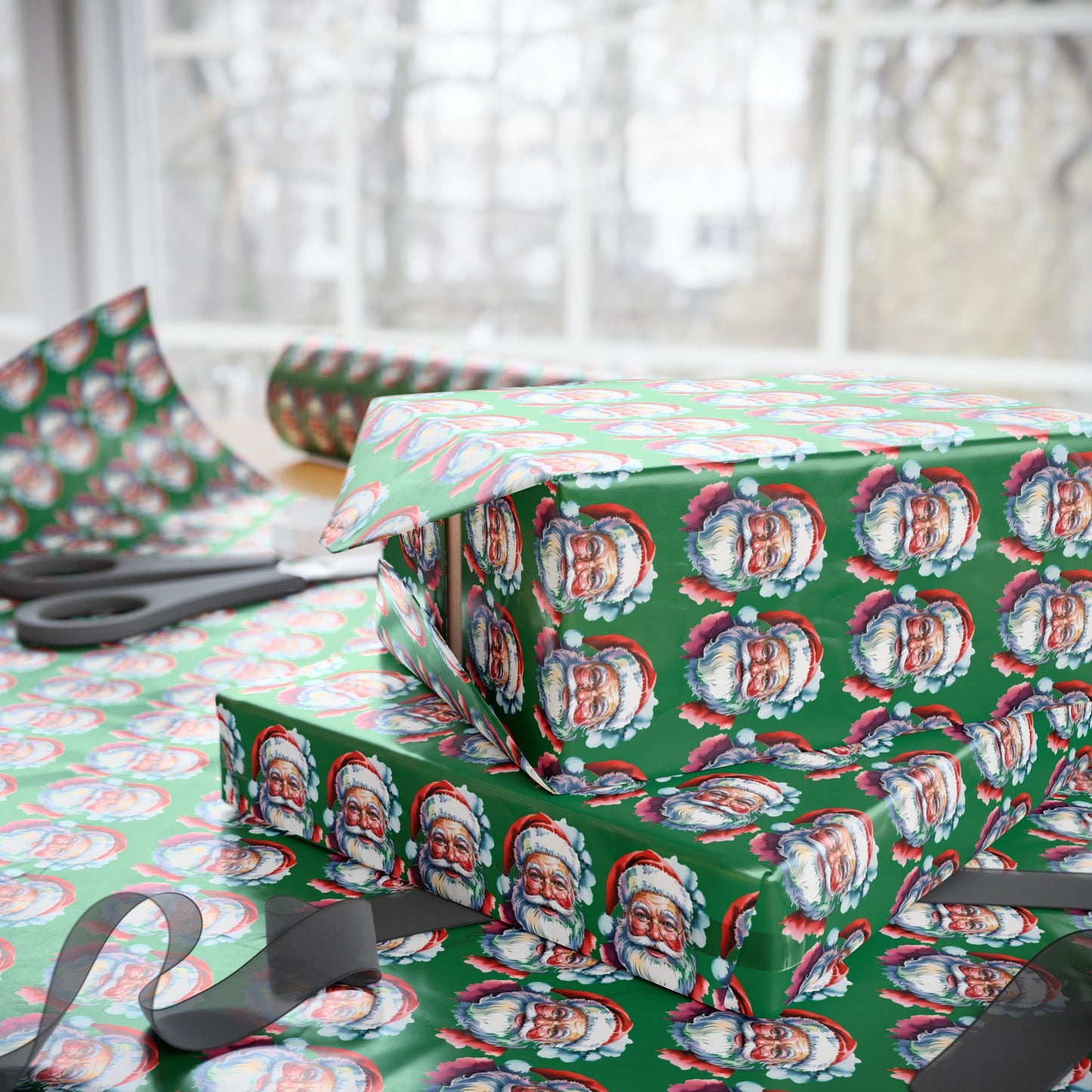Santa Faces Green Christmas Wrapping Paper Roll