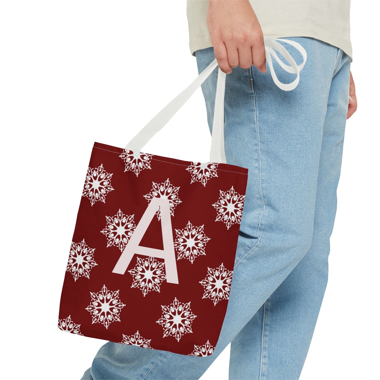 Monogram A Snowflake Tote Bag — Personalized Holiday AOP Tote