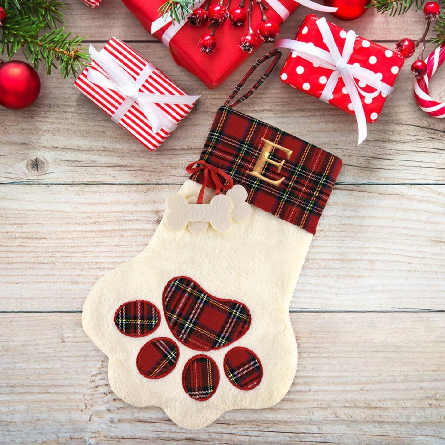 Pet Cat Dog Claw Christmas Stocking - Letter E