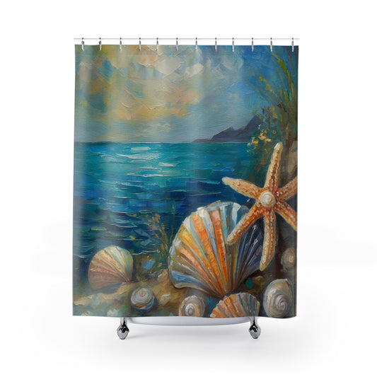 Ocean Seashell Shower Curtain — Coastal Beach Bathroom Decor with Starfish