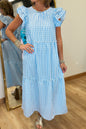 Sky Blue Knot Back Ruffled Short Sleeve Gingham Maxi Dress