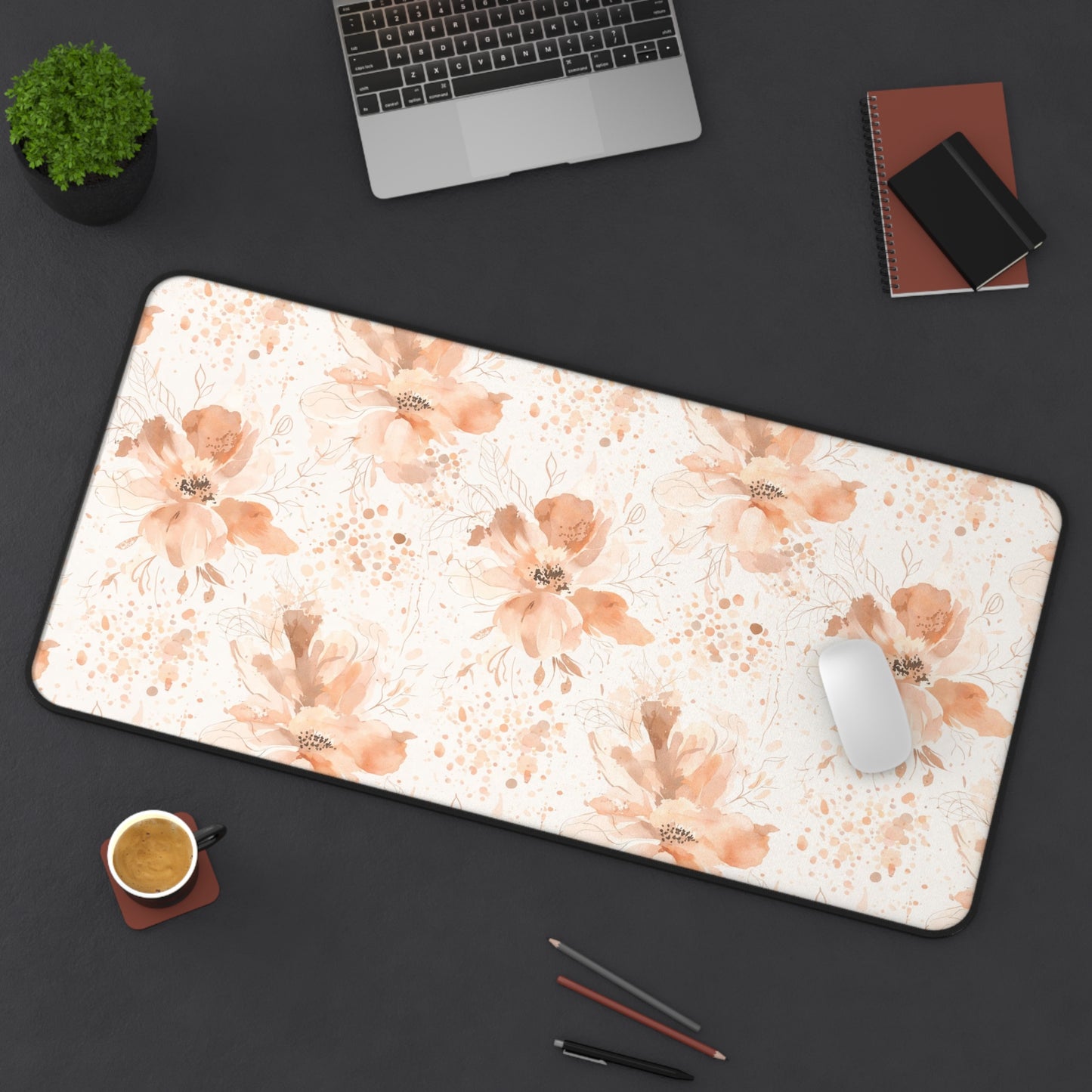 Floral Desk Mat — Soft Peach Watercolor Blossoms Mouse Pad